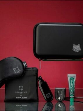 MAISON KITSUNÉ X EVA AIR Black Travel Accessory Set with Fox Motif
